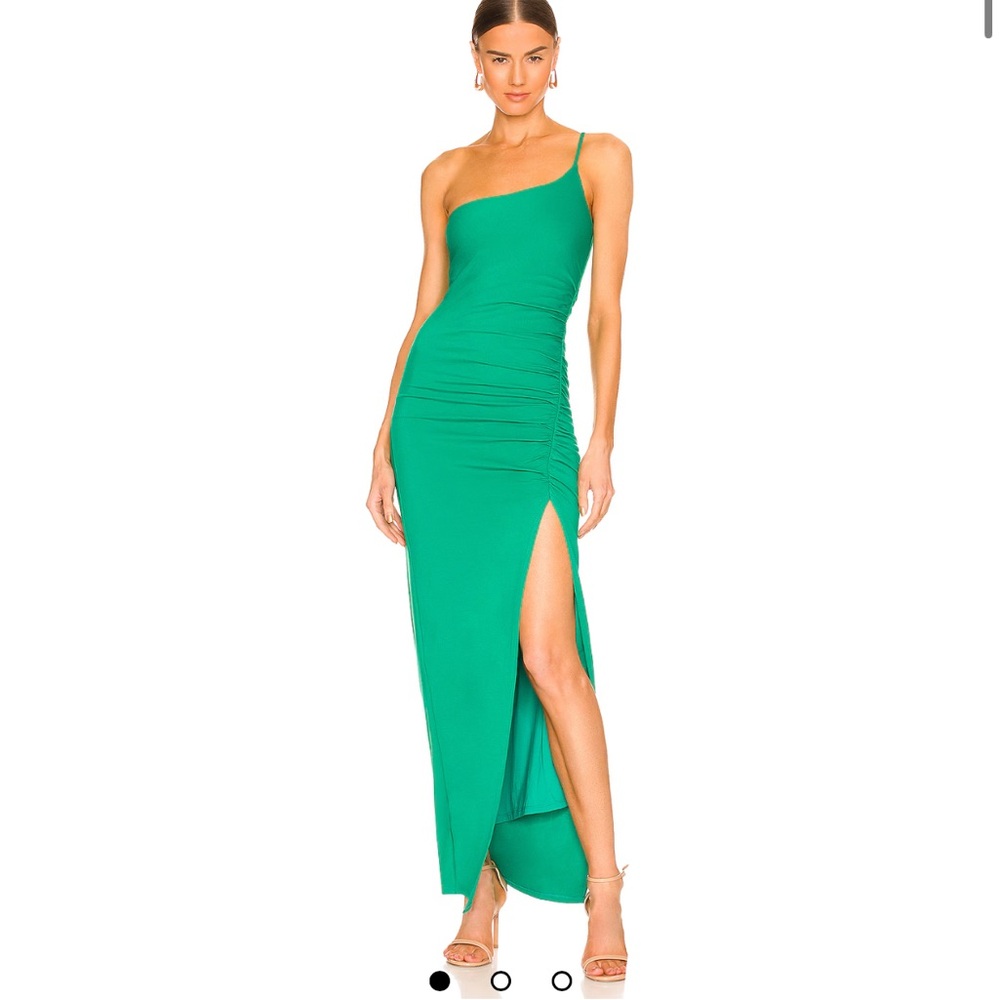 Lovers + Friends One-Shoulder Green Ruched Gown with Side Slit